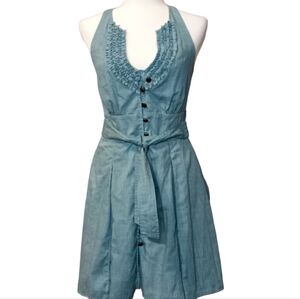 Nick & Mo Anthropologie button down blue/green shirt dress halter neck size S.